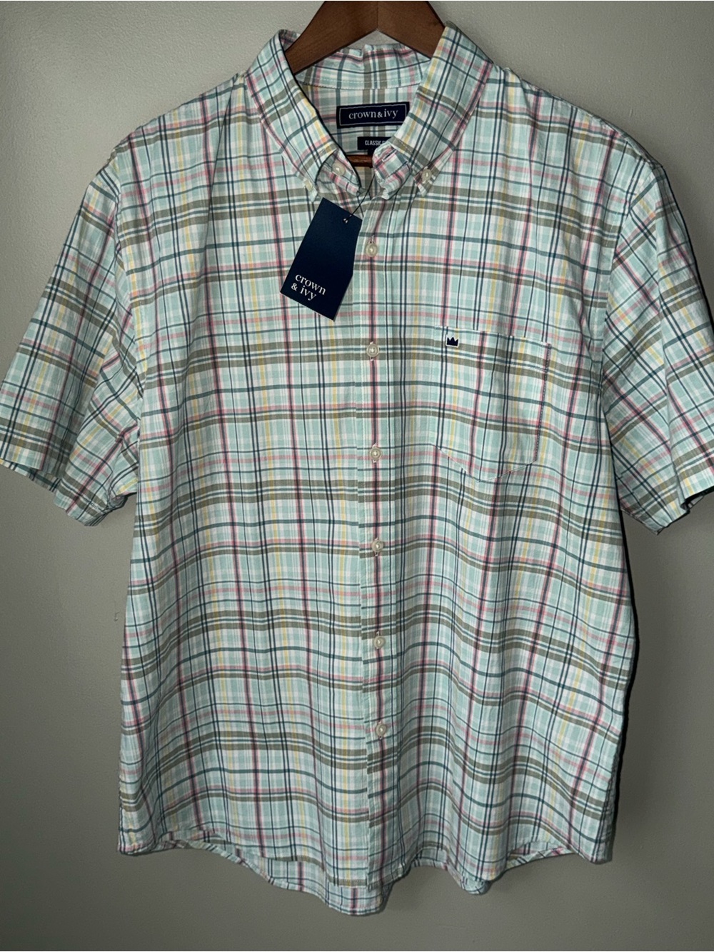 crown & ivy Short Sleeve Plaid Button-Down Shirt - White, Green, Pink, Yellow